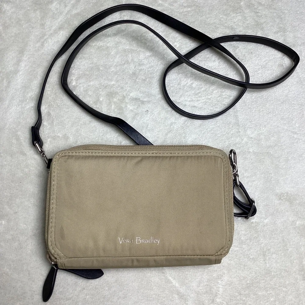 Vera Bradley Tan Nylon RFID All in One Crossbody Wallet Bag Floral Paisley Lined